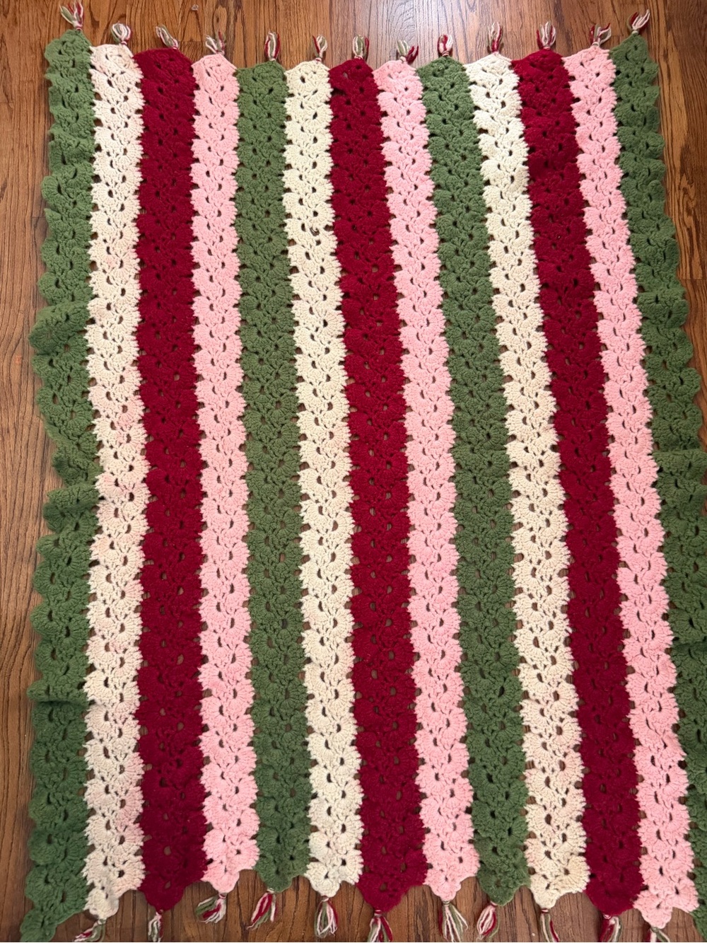 Vtg Granny  Afghan Blanket Crocheted Pink & Cream,Green and Wine Color